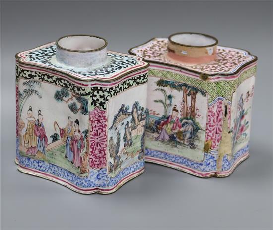 Two 18th century Canton enamel tea caddies height 10cm